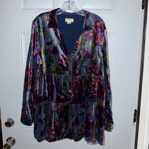 Maeve Anthropologie Floral Velvet Tiered Tunic Top Blue Purple Large OB1075530